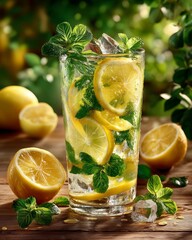 A clear glass of homemade lemonade with lemon slices and ice cube