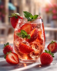 A glass of sparkling strawberry drink with whole and sliced strawberries and mint leave