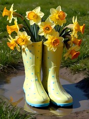 Bright yellow rain boots filled with cheerful daffodils in a spring garden setting