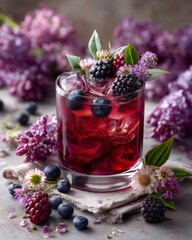 A glass with violet or deep purple berry drink