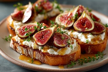 Breakfast toast with creamy goat cheese, fresh fig slices, drizzled honey  on artisanal bread