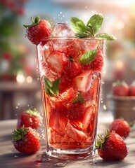 A glass of sparkling strawberry drink with whole and sliced strawberries and mint leave