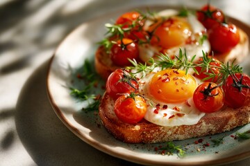 Gourmet breakfast toast on a rustic ceramic plate