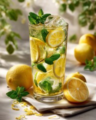 A clear glass of homemade lemonade with lemon slices and ice cube