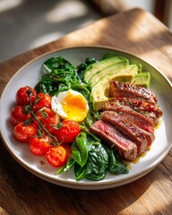A ketogenic plate with grilled steak slices and soft-boiled egg