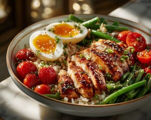 A protein-rich bowl with grilled chicken, brown rice, green beans, and cherry tomatoe