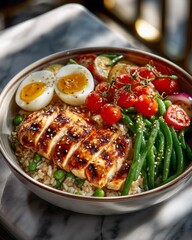 A protein-rich bowl with grilled chicken, brown rice, green beans, and cherry tomatoe