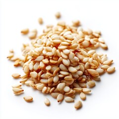 Sesame seeds scattered on a pure white background