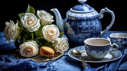 White Cup and Teapot with Pink Rose  Serene Floral Tea Scene

