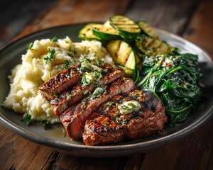Grilled steak slices with roasted zucchini, creamy mashed cauliflower.