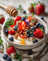 Greek yogurt in a ceramic bowl topped with fresh strawberries, blueberries and granola