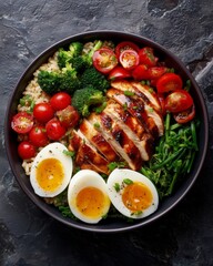 High-protein bowl with grilled chicken, brown rice, broccoli and boiled eggs.