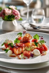 Elegant molecular gastronomy dish served in a fine dining setting with bright natural light and sophisticated interior.
