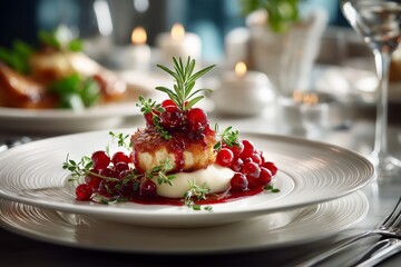 Elegant molecular gastronomy dish served in a fine dining setting with bright natural light and sophisticated interior.