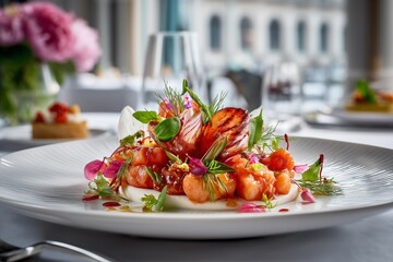 Elegant molecular gastronomy dish served in a fine dining setting with bright natural light and sophisticated interior.