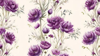 Floral seamless background with purple watercolor blooms and foliage, ideal for textiles, invitations, or decorative prints