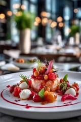 Elegant molecular gastronomy dish served in a fine dining setting with bright natural light and sophisticated interior.