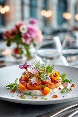 Elegant molecular gastronomy dish served in a fine dining setting with bright natural light and sophisticated interior.