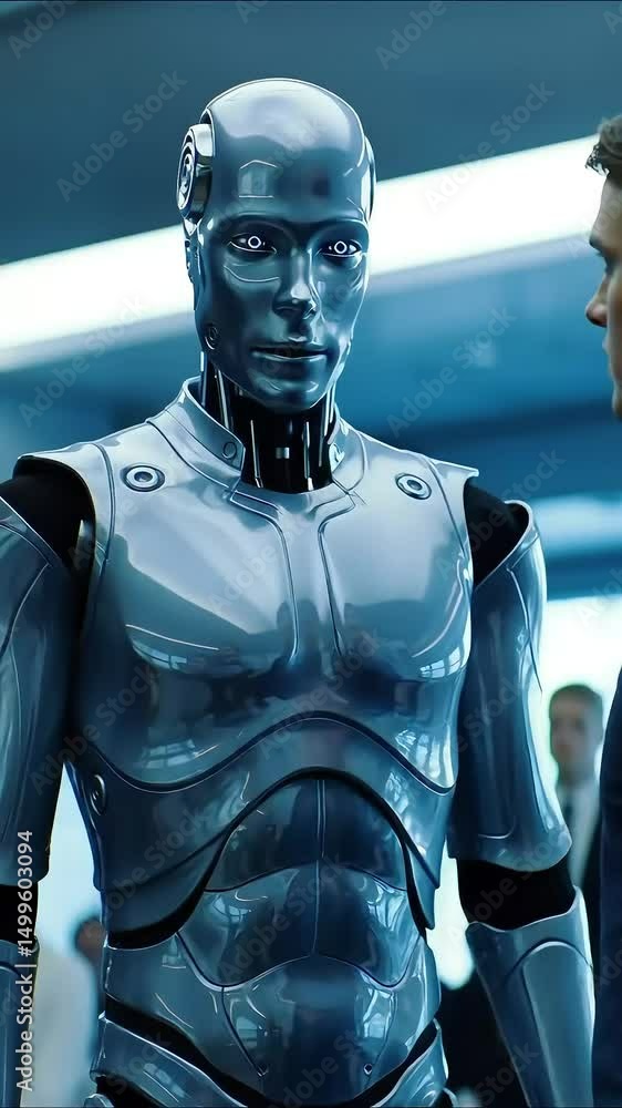 Poster futuristic humanoid robot standing in front of a person in an office setting