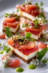 Luxurious grapefruit dessert with artistic presentation, a pastry masterpiece in fine dining style.