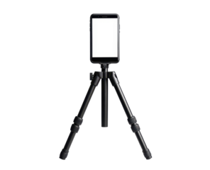 Smartphone on small, black tripod; white screen displays, isolated against a black background