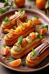 Elegant gourmet éclairs with artistic decoration, served as fine dining dessert, close-up.