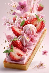 Delicate strawberry dessert with fresh berries and cream, soft light, close-up.
