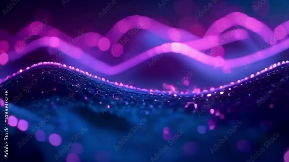 Poster abstract wave flowing with glowing particles on dark background