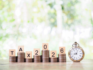 Vintage watch,  Wooden blocks with the word TAX, Nunber 2025 and stack of coins. The concept about...