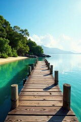 Fototapeta premium Tranquil scene of a wooden dock extending into calm waters, the shoreline lined with lush green vegetation Perfect for travel, nature, or serenity themes , escape, idyllic, vegetation