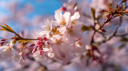 Fototapeta premium Close-up view of an early spring tree with delicate white and pink flowers blooming on its branches, against a blue-sky backdrop. symbolizing renewal and the arrival of spring. 
