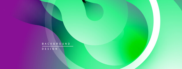 Abstract fluid shapes, vibrant gradients. Purple, green hues blend seamlessly. Modern design element, dynamic composition.