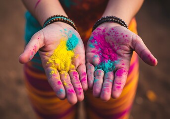 Hands Covered in Vibrant Holi Colors. Generative Ai