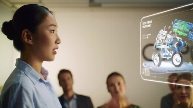 Asian woman presenting Eco-Tech prototype to colleagues, showcasing futuristic design and innovation.