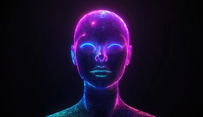 Fototapeta premium Neon-hued digital portrait of a female head. Abstract, glowing, and particle-like, the head is composed of vibrant pink and blue light trails, creating a mesmerizing effect.
