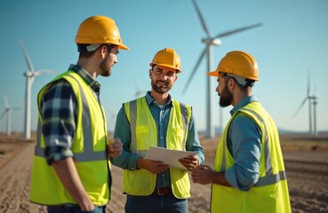Engineers discuss wind turbine construction, maintenance, renewable energy. Men in safety vests, helmets collaborate at wind farm. Sustainable eco power tech on horizon. Alternative energy future.