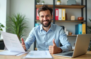 Obraz premium Successful businessman auditor smiles looks camera. Man performs reconciliation reports shows thumbs up. Happy pro auditor at office with laptop documents. Confident employee shows business success.