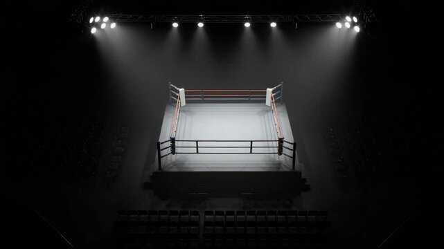 aerial view of an empty boxing ring under spotlight on dark room