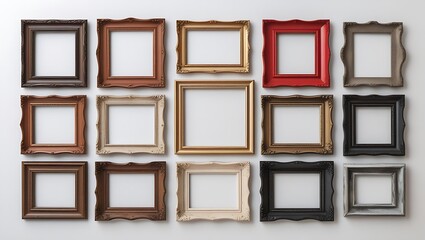 Twelve Empty Ornate Picture Frames in Various Colors