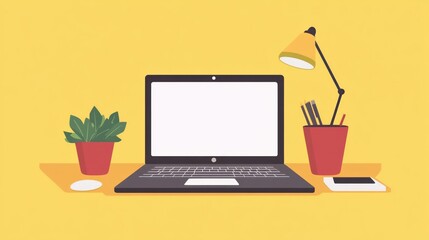 Modern Minimalist Workspace: Laptop, Plant, and Desk Lamp