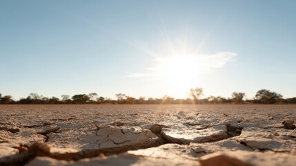 parched landscape under blazing sun with ultrabright reflections shimmering on cracked earth