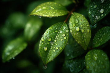 macro raindrops on bright green leaves, sparkling droplets, rich textures, fresh vibrant atmosphere