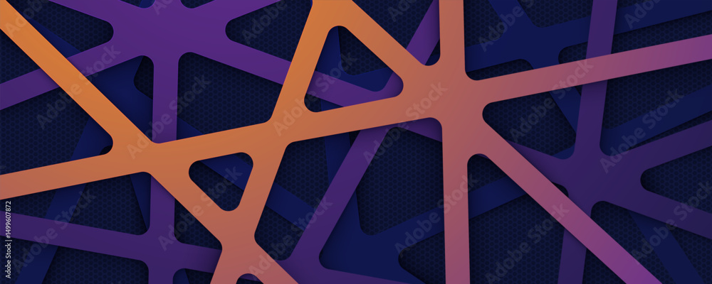 Poster futuristic abstract geometric background with gradient cut-out shapes and dark hexagon texture
