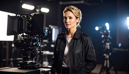 A charismatic woman stands poised in a dynamic film studio, surrounded by bright lights.