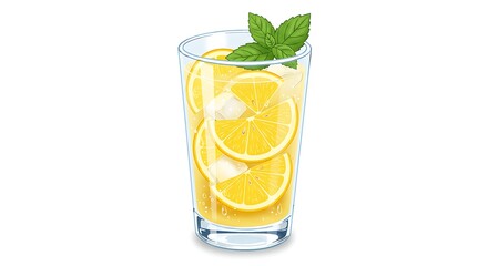 Fototapeta premium illustration of iced lemonade drink with fresh lemon slices, mint leaves, frosty glass with condensation, citrus summer beverage style on transparent background.