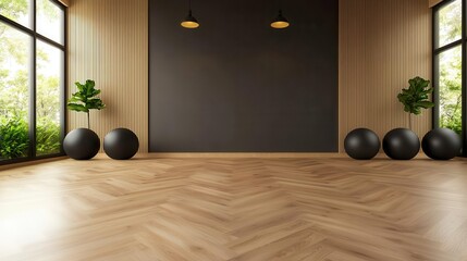 Luxury home gym with wooden floors, mirrors, and ambient lighting, elegant fitness interior
