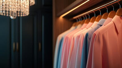 Elegant walkin closet with organized sections and crystal chandelier, highend interior idea