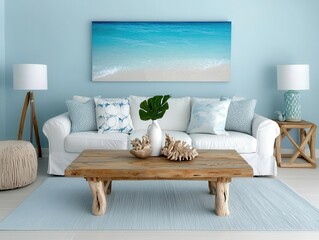 Coastal style living room with soft blue tones and driftwood decor, luxury beach renovation