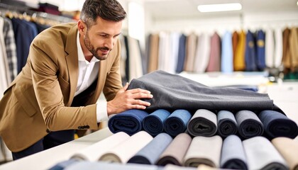 A well-dressed man examines a selection of neatly arranged fabrics in the tailoring studio.