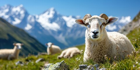 Fototapeta premium A sheep rests on a grassy mountain slope with snow-capped peaks in the background under a clear blue sky.
